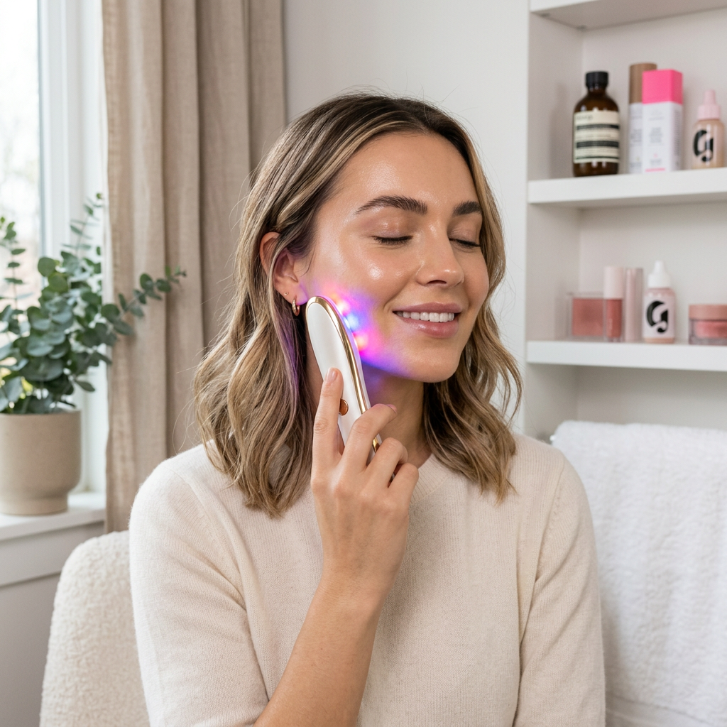 Woman using LED light therapy face wand with colorful glowing lights on her skin